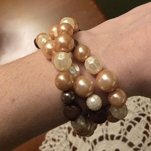 Pearl-Effect Stretch Bead Bracelet Set in Champagne and Cream